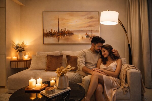 A couple sitting on a sofa in a warmly lit room with a cityscape painting on the wall, a side table with candles, and a floor lamp.