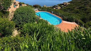 Ein Schwimmbad, umgeben von üppiger Vegetation, mit Blick auf das Meer und die Hügel im Hintergrund.