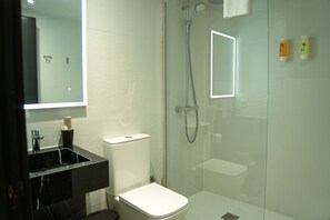 Shower, hair dryer, bathrobes, towels