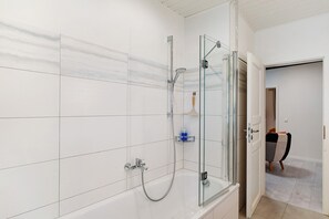 Shower, hair dryer, towels