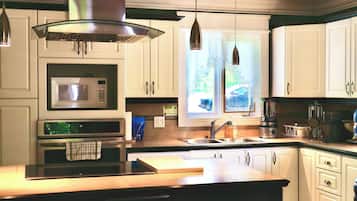 Een magnetron, een oven, een kookplaat, een vaatwasser