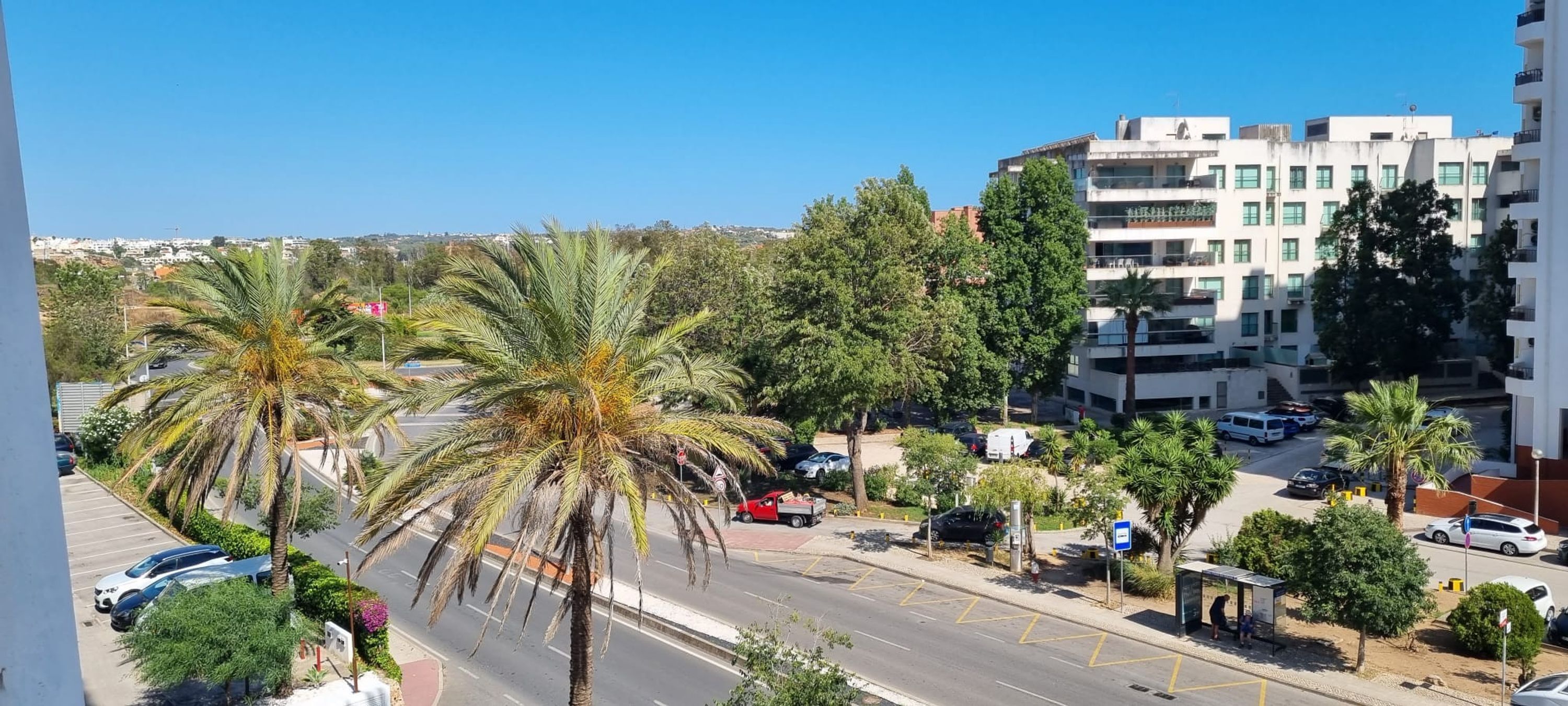 A residential area with palm trees, a road, and a multi-story building with balconies.