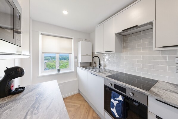 Fridge, oven, stovetop, coffee/tea maker