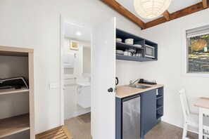 Fridge, microwave, electric kettle, toaster