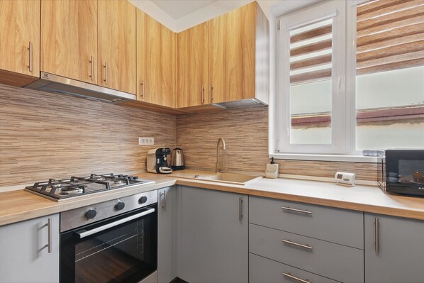 Apartment, 1 King Bed with Sofa bed, Balcony | Private kitchen | Full-size fridge, oven, stovetop, cookware/dishes/utensils
