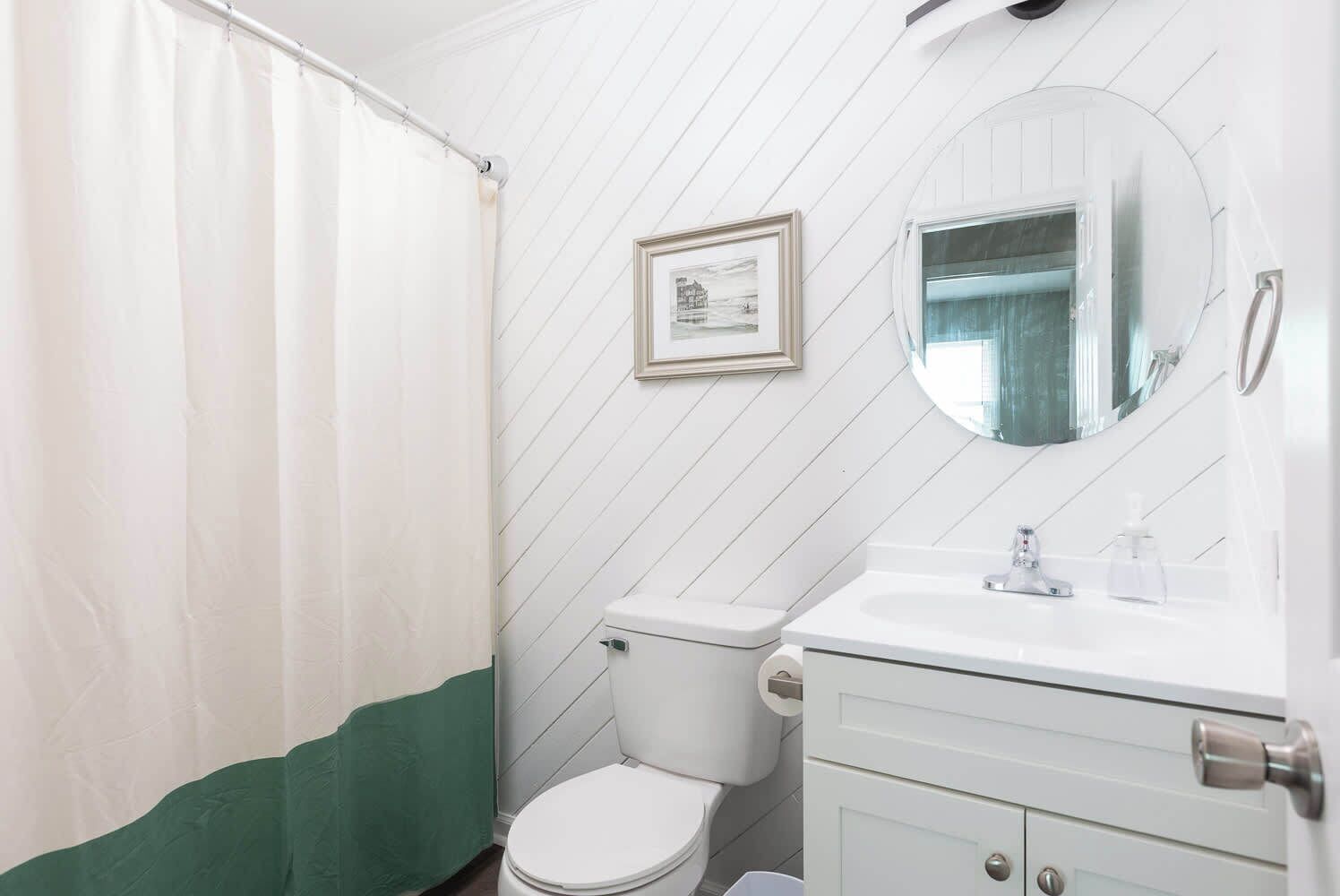 Un baño con cortina de ducha blanca y verde, un inodoro blanco, un lavabo blanco con espejo, y un cuadro en la pared.