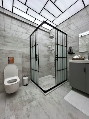 Shower, hair dryer, towels, soap