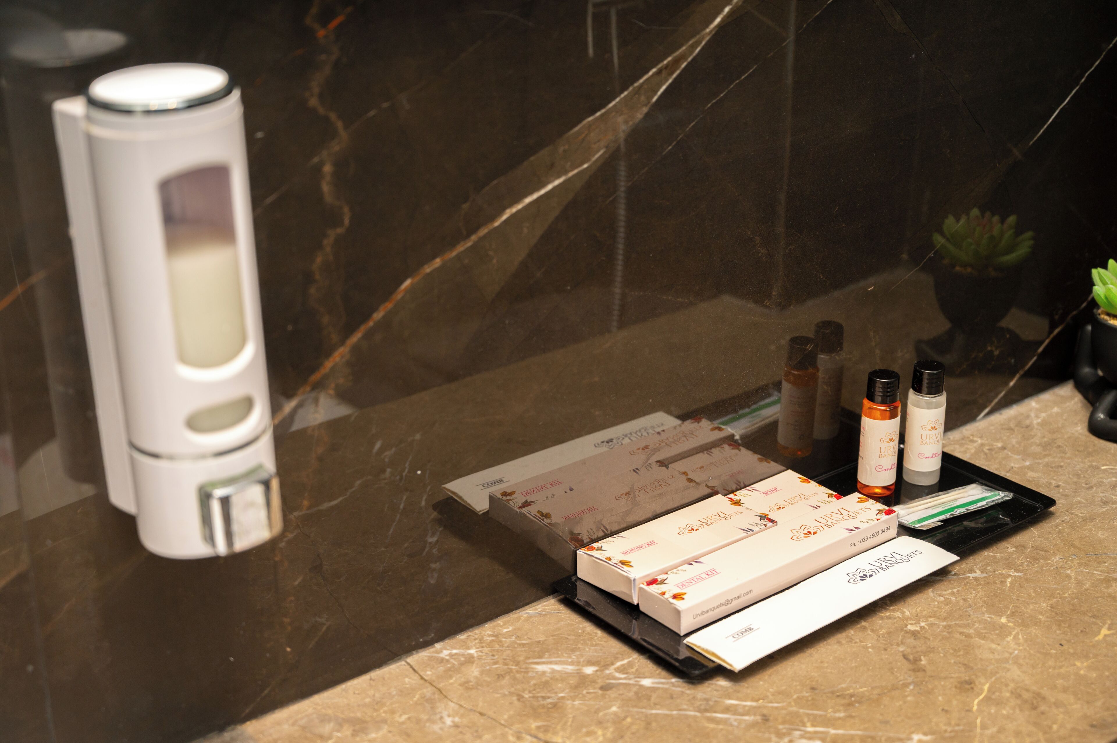 A bathroom counter with a facial cleansing kit, two bottles of liquid, and a small potted plant.