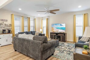 House, Multiple Beds, Patio (Wild Air Getaway) | Living area | 42-inch flat-screen TV with digital channels, fireplace - Wild Air Getaway For 12! (Frankford)