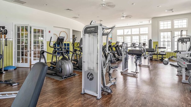 A spacious gym with various exercise machines, large windows, and a wooden floor. - Wild Air Getaway For 12! (Frankford)