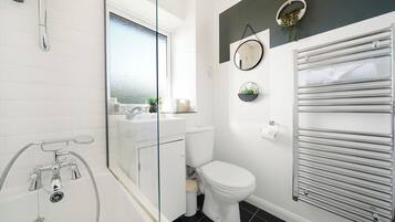 Hair dryer, towels, soap, toilet paper