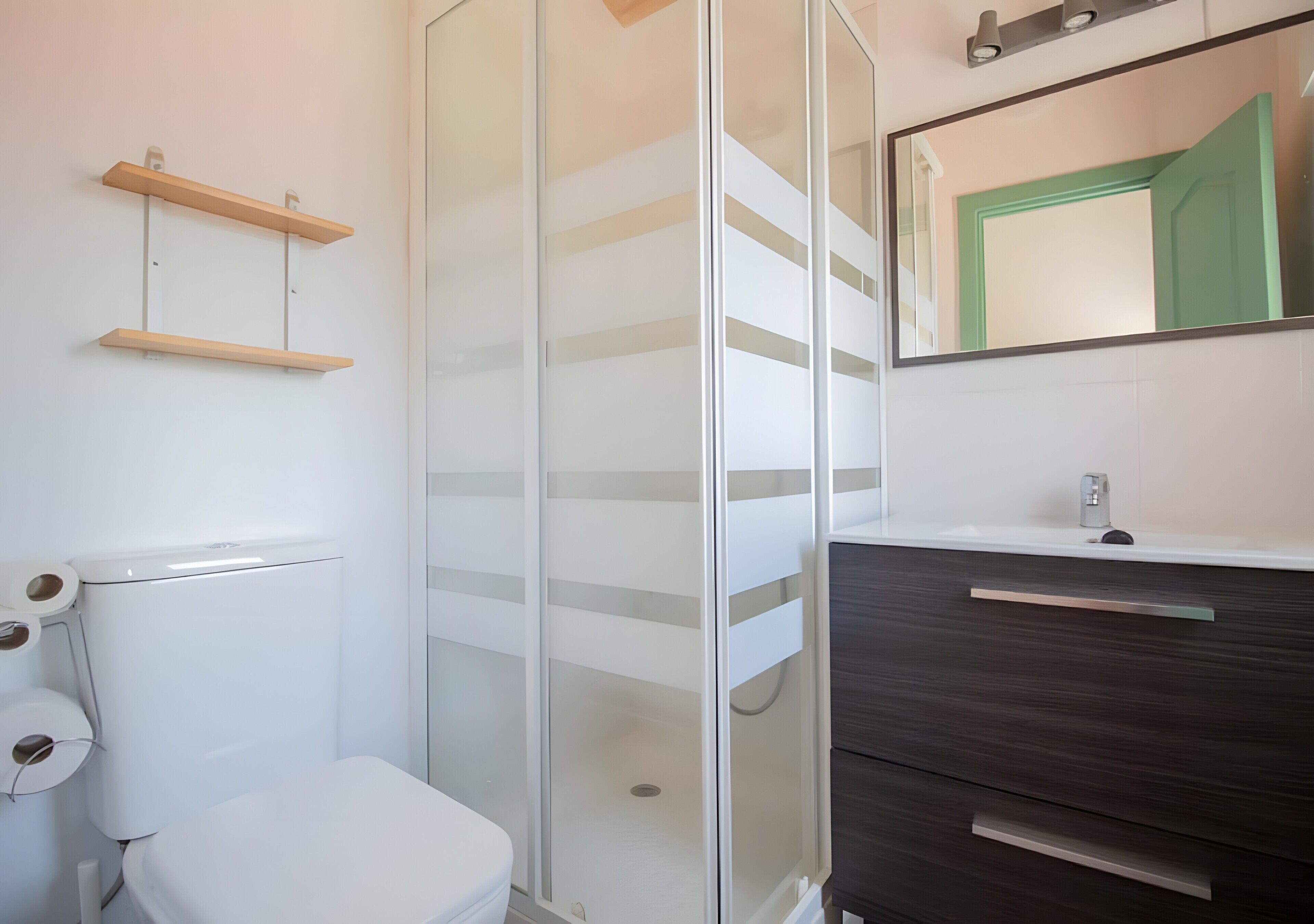 Un baño con inodoro, cabina de ducha de vidrio, tocador con espejo y dos estantes de madera.