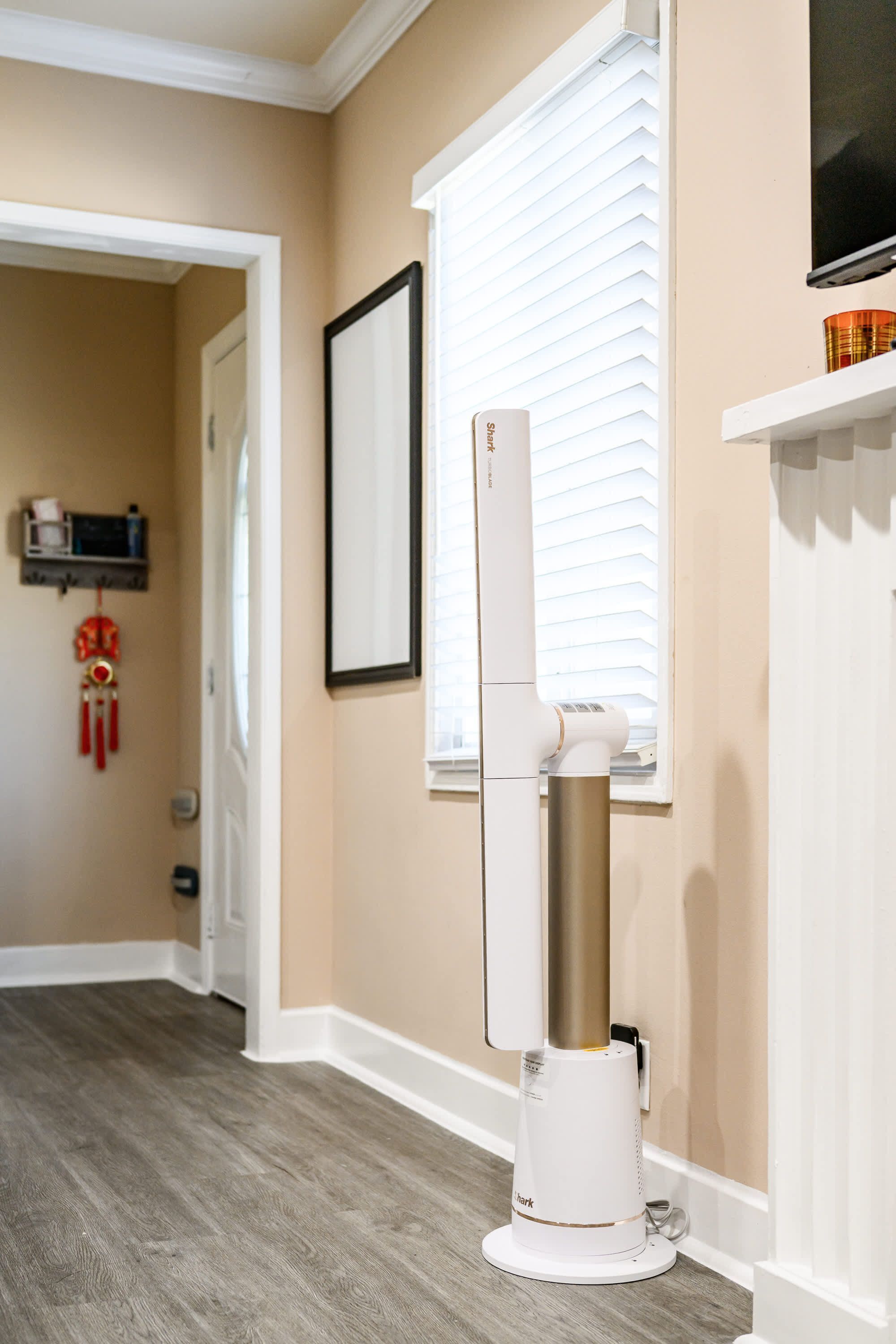 A room with a white standing heater, a framed picture on the wall, and a window with blinds.