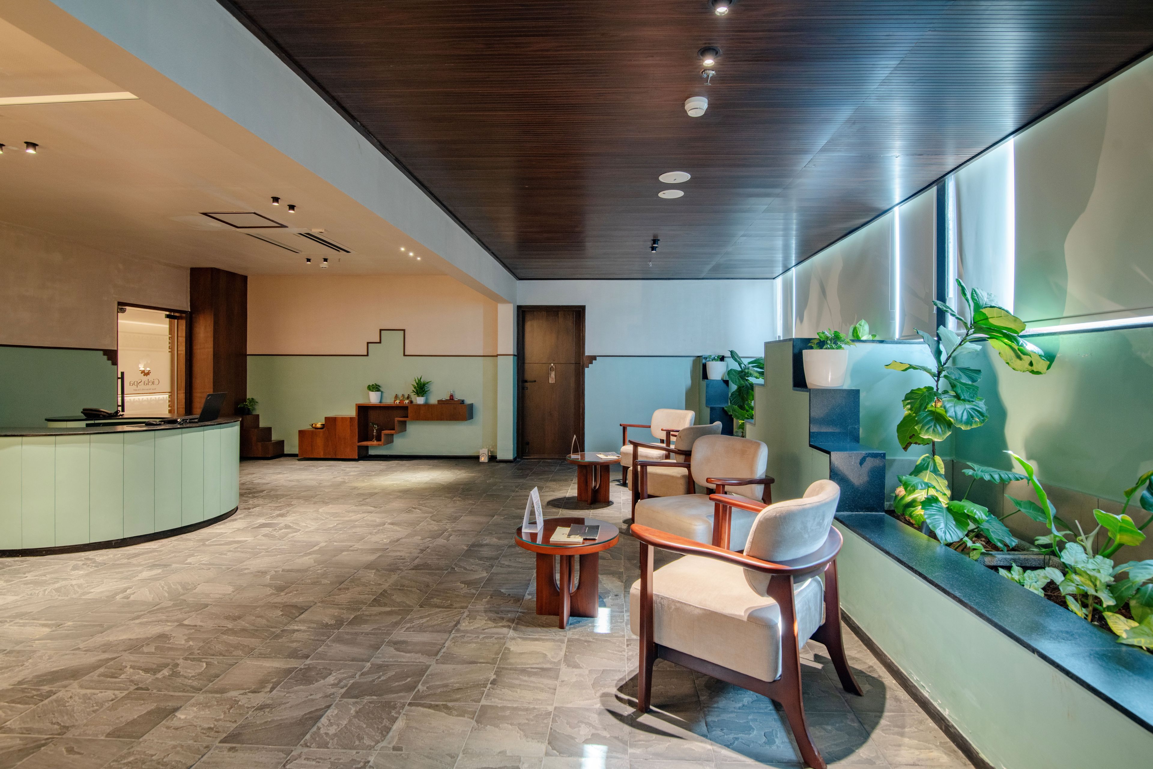Un área de recepción con un mostrador curvo, asientos y una pared verde con plantas.
