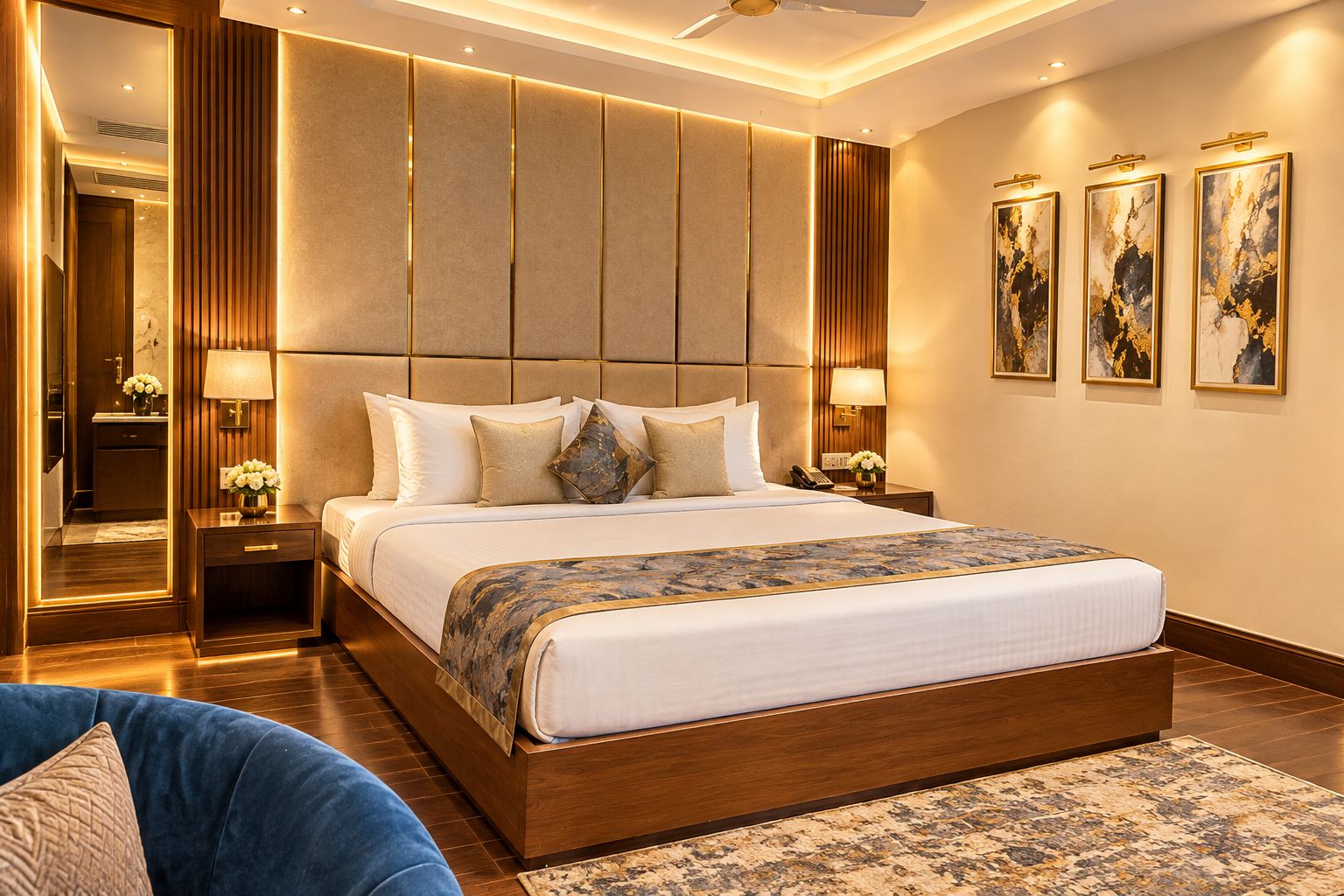 A modern hotel bedroom with a large bed, bedside tables, a mirror, and artwork on the wall.