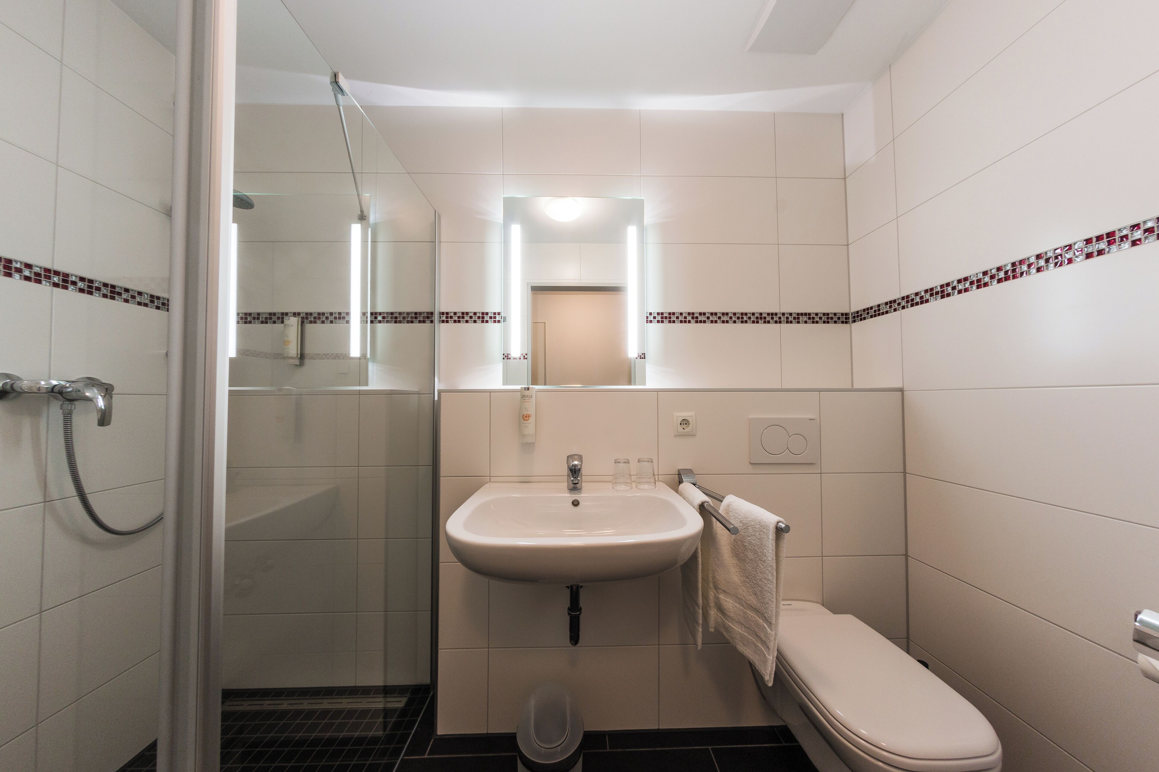 Hair dryer, towels, soap, shampoo