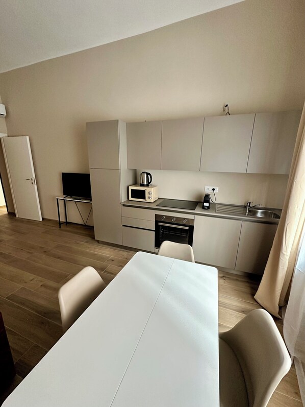 Deluxe appartement, 1 tweepersoonsbed met slaapbank, privébadkamer | Privékeuken | Een koelkast, een microgolfoven, een oven, een kookplaat