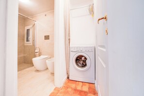 Shower, hair dryer, bidet, towels