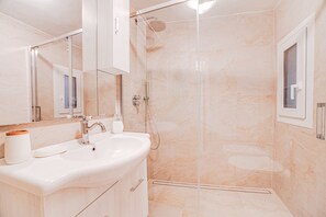 Shower, hair dryer, bidet, towels
