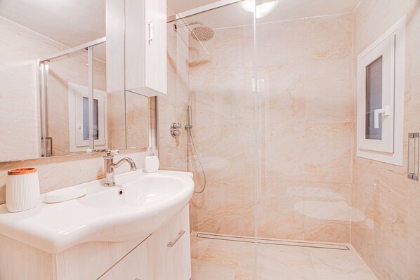 Shower, hair dryer, bidet, towels