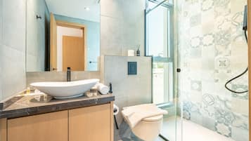 Shower, hair dryer, towels, soap