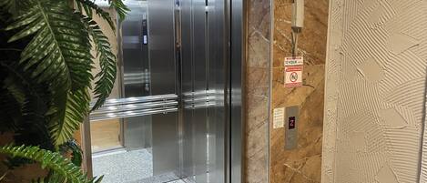 Un ascensor con panel digital, pared de mármol y una planta.