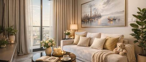 Deluxe Apartment, Balcony, City View | Living area | 50-cm Smart TV with digital channels