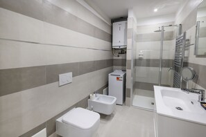 Hair dryer, bidet, towels, soap
