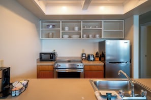 Fridge, microwave, oven, cookware/dishes/utensils