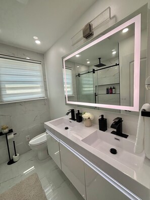 Ducha, secador de pelo, toallas, jabón