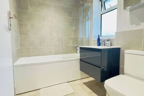 Hair dryer, towels, soap, toilet paper