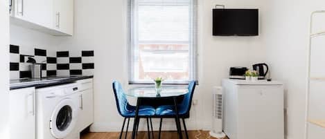 Microwave, toaster, cookware/dishes/utensils