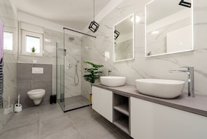 Shower, hair dryer, towels