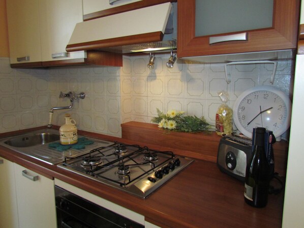 Kühlschrank, Herdplatte, Kochgeschirr/Geschirr/Besteck