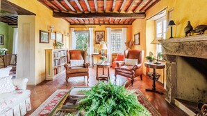 A cozy living room with a fireplace, leather armchairs, a bookshelf, and a large fern plant. - Iconic Romantic Farmhouse with Pool in Lucca (Lucca)