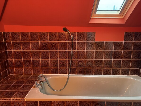 A bathroom with a bathtub, a shower, and a skylight.