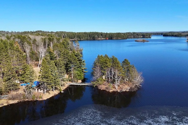 aerial view of the island on Lake Alice