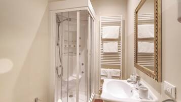 Shower, jetted tub, hair dryer, bidet
