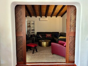 Smart TV, fireplace, books, printers