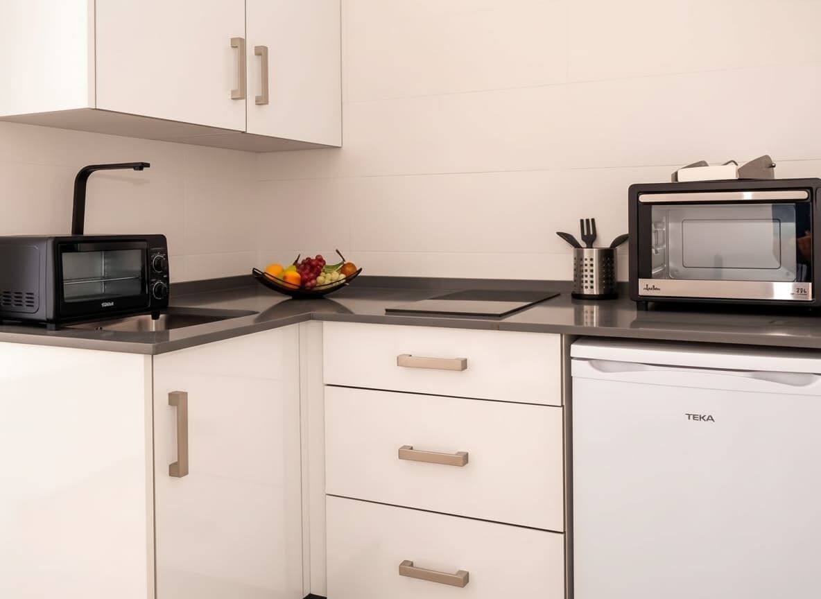 Refrigerador, microondas, horno y parrilla de estufa 