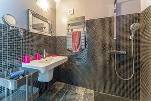 Shower, hair dryer, towels