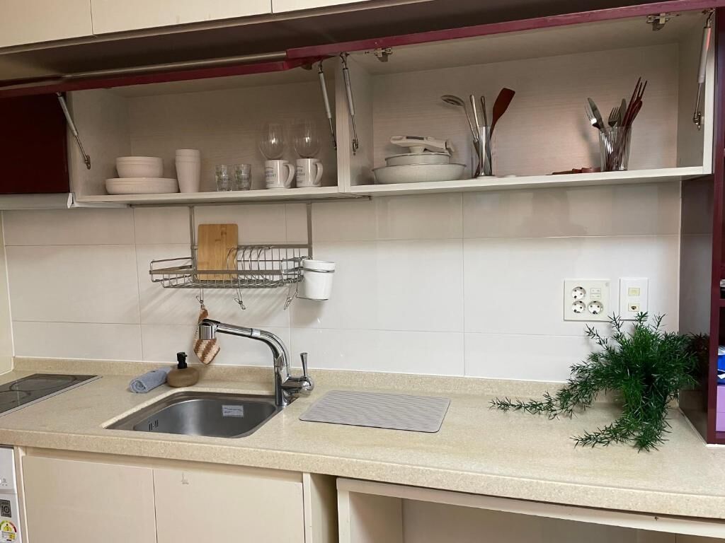 Een keuken met een spoelbak, een afwasschaal en een aanrecht.