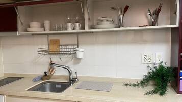 Een keuken met een spoelbak, een afwasschaal en een aanrecht.