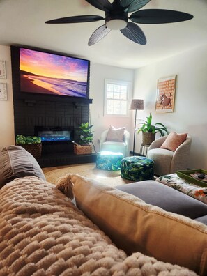 Smart TV, fireplace, video games, foosball