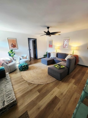 Smart TV, fireplace, video games, foosball