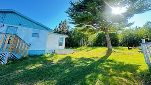 A residential area with a blue house, a wooden deck, and a large tree casting a shadow. - The White Pine Cottage on the Cabot Trail (Englishtown)