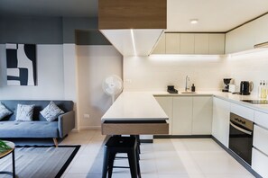 Apartamento estándar | Cocina privada | Frigorífico grande, microondas, horno y placa de cocina