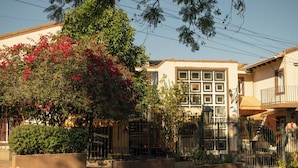 A residential area with a row of houses, a large tree with red flowers, and a metal fence. - Hotel del Monumento (Salta)
