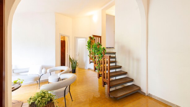 Un vaste espace de vie agrémenté d’un escalier en bois, de meubles blancs et de plantes en pot.