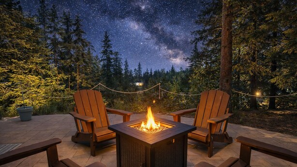 Un espacio al aire libre con una chimenea, sillas y vistas al cielo nocturno.
